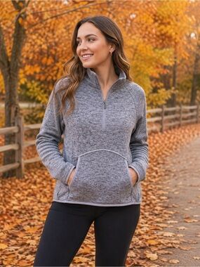 Kyodan Women’s Gray Marled Quarter Zip Pullover Fleece Kangaroo Pocket